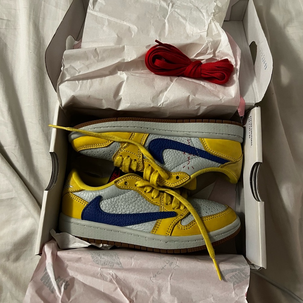 Yellow and Blue Travis Scott Sneakers with Red Laces (ps)